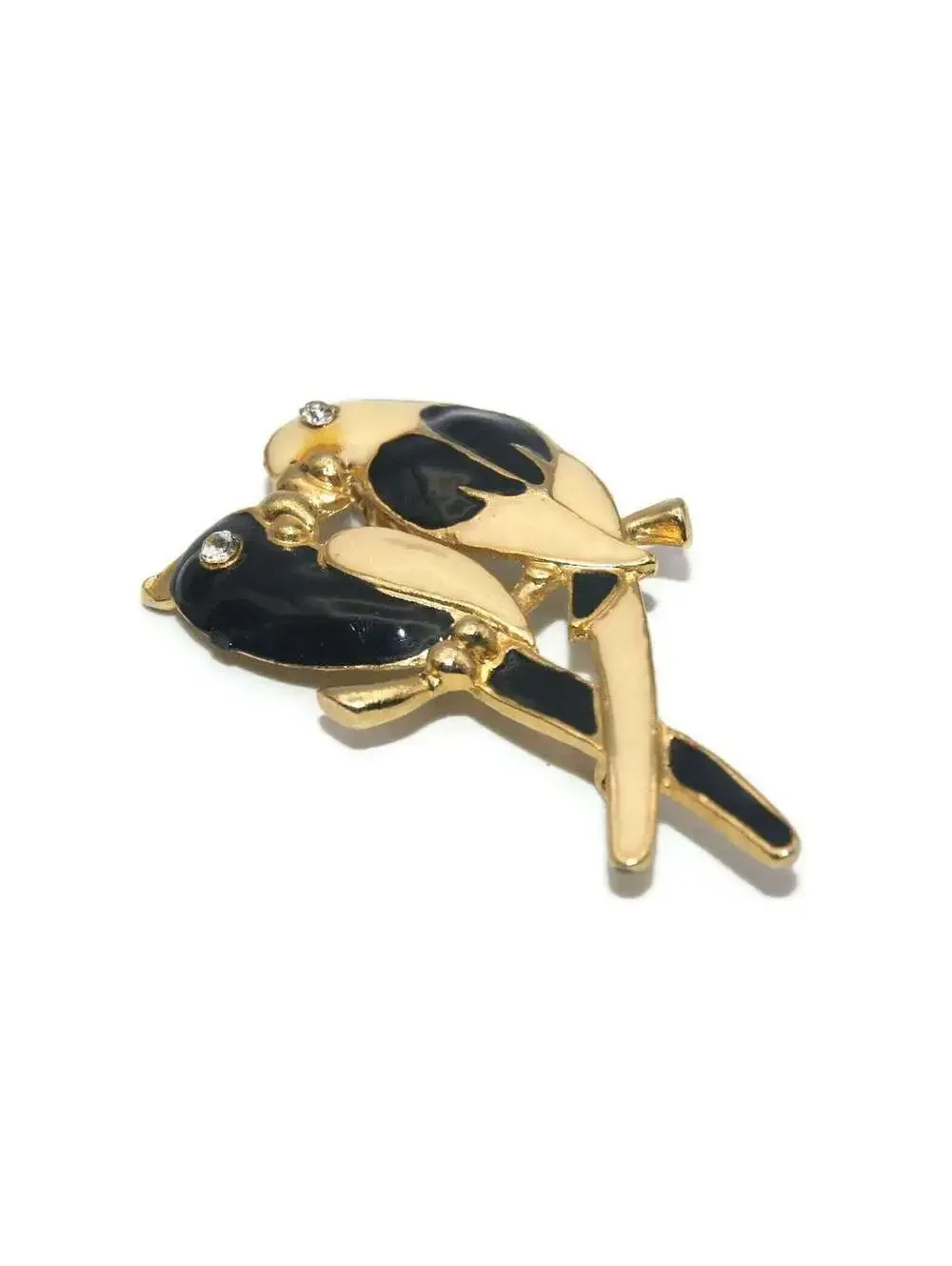 Vintage Gold Tone Love Birds Brooch, Clear Rhinestones and Black & White Enamel.